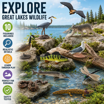 Safari Ltd. Great Lakes TOOB - Figurines of Mudpuppy, Dragonfly, Water Snake, Bat, Goose, Herring Gull, Blue Heron, Lynx, Sturgeon, Yellow Perch