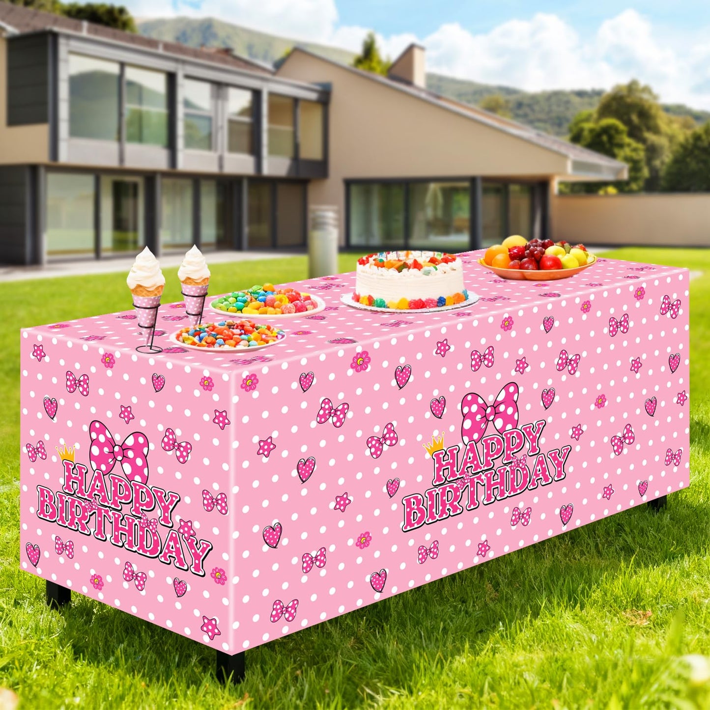 KMZFPYJ 6Ft Pink Bow Birthday Party Tablecloth, Cute Mouse Bow Party Decorations, Bow Table Cloth for Kids Girls Pink Mouse Theme Party Decorations