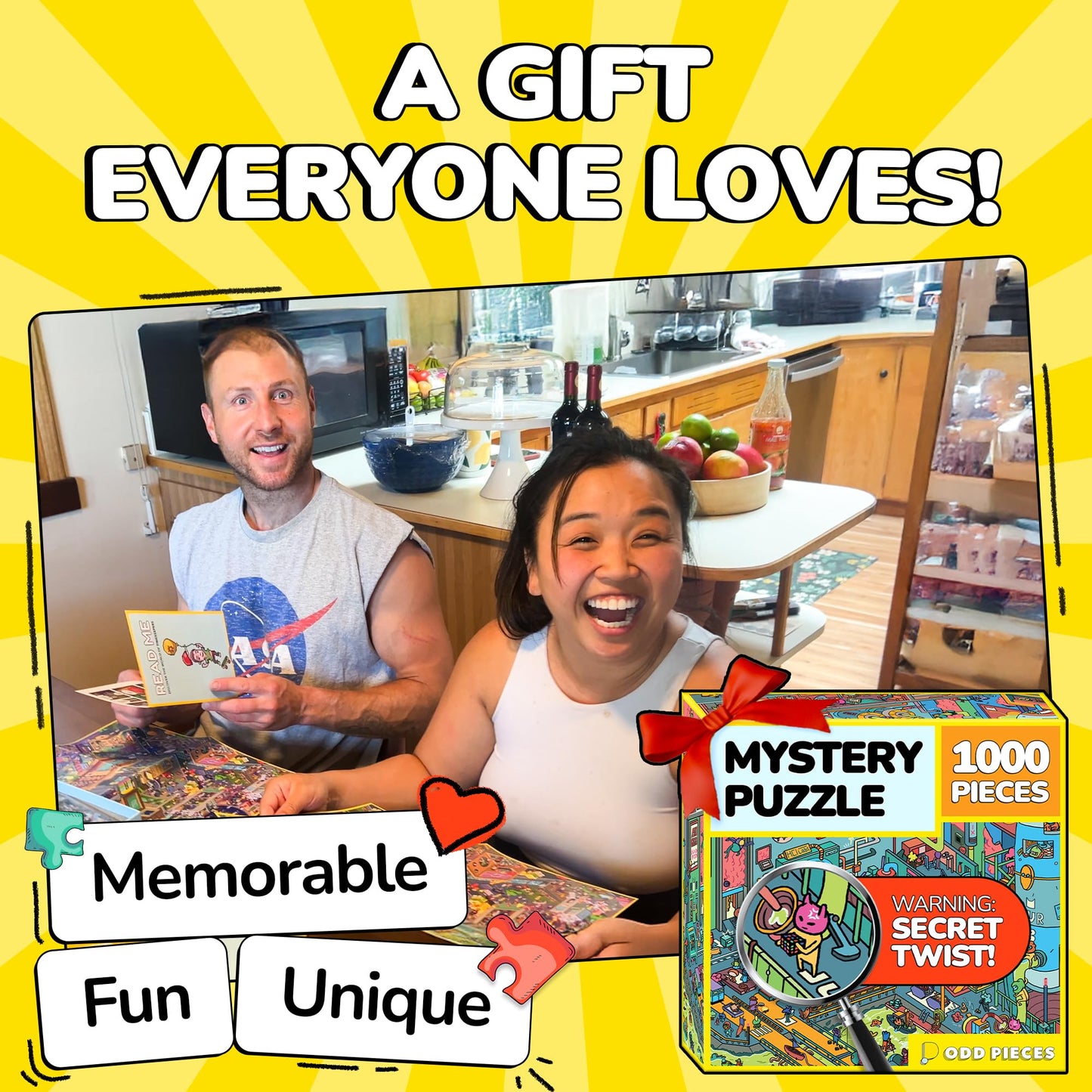 Odd Pieces Jigsaw Puzzles 1000 Pieces with Storytelling Comics, for Women, White Elephant, Mystery Puzzle for Adults & Kids - 19.7'' x 27.6''