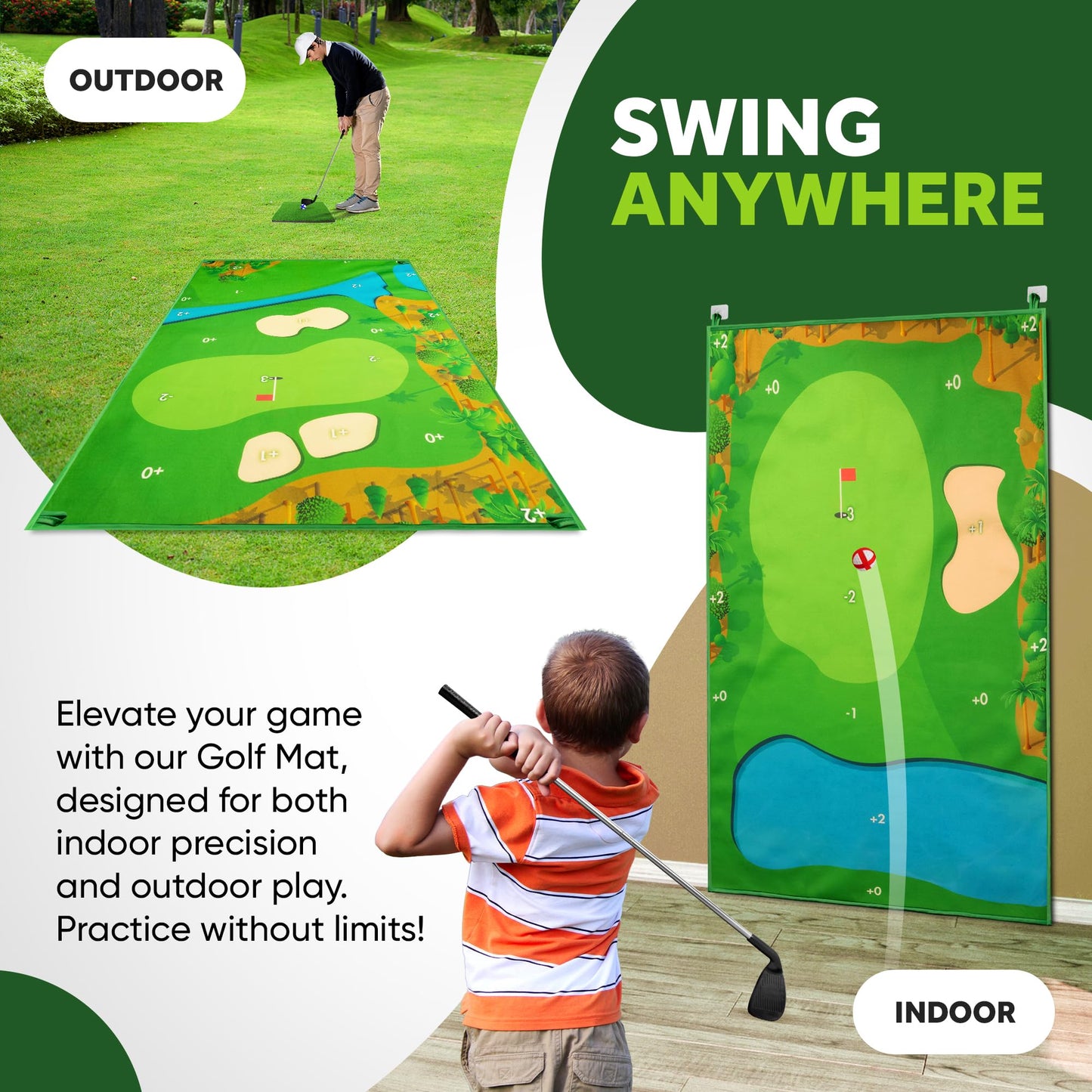 Battle Golf Game - Dual-Sided Mat, Realistic Course Design & Scoring System, Adjustable Height Clubs - Thick Grass-Like Chipping Mat