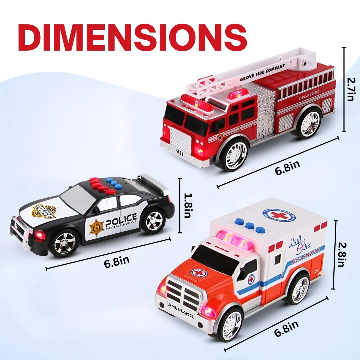 Liberty Imports 3-in-1 True Hero Emergency Rescue Vehicles Kids Toy Cars Playset - Ambulance, Fire Truck and Police Car with 3-Button LED Light