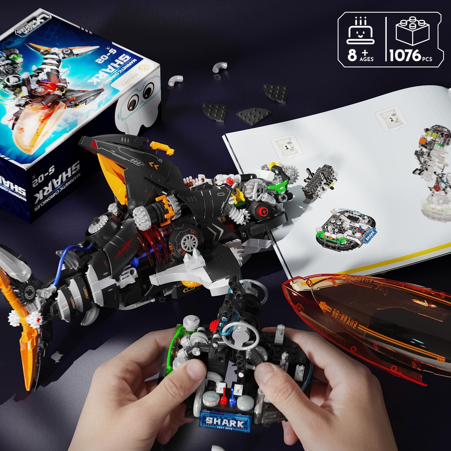 Punk Style Shark Building Set with Light, 1076-PCS Articulated Mechanical Jaws Fish Model with Display Stand, Ocean Predator Kit for Kids 8+