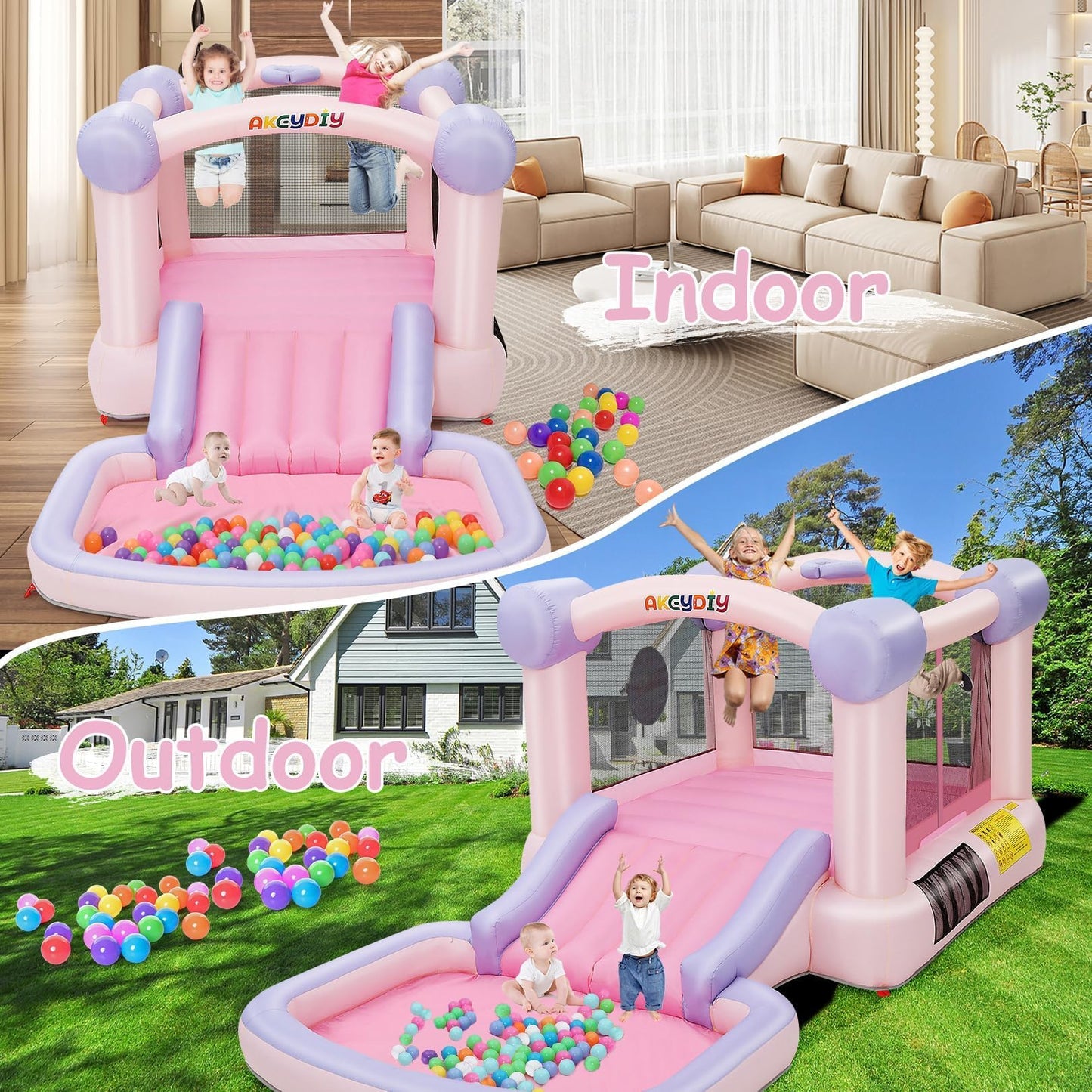 AKEYDIY Pastel Dream Bounce House for Kids 3-10, 161x82x63 inch Water Bounce House w/Slide,Ball Pit/Pool, Pink Bounce House UL Blower &50 Plastic