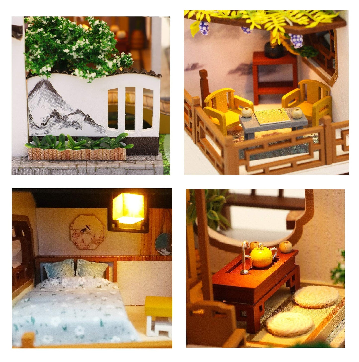 Cool Beans Boutique Miniature DIY Dollhouse Kit - Wooden Asian Dollhouse Traditional Home - with Dust Cover - Architecture Model kit (English Manual)