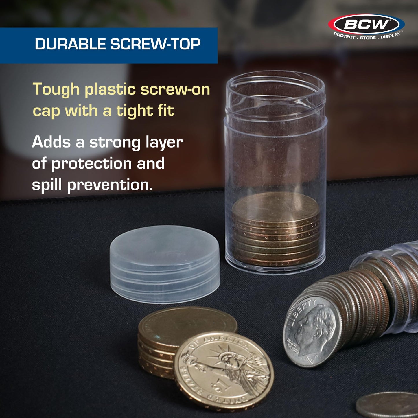 BCW Quarter Coin Storage Tubes - 100 Pack | Archival Quality Plastic Coin Holders, Screw-On Caps | Long-Term Coin Storage