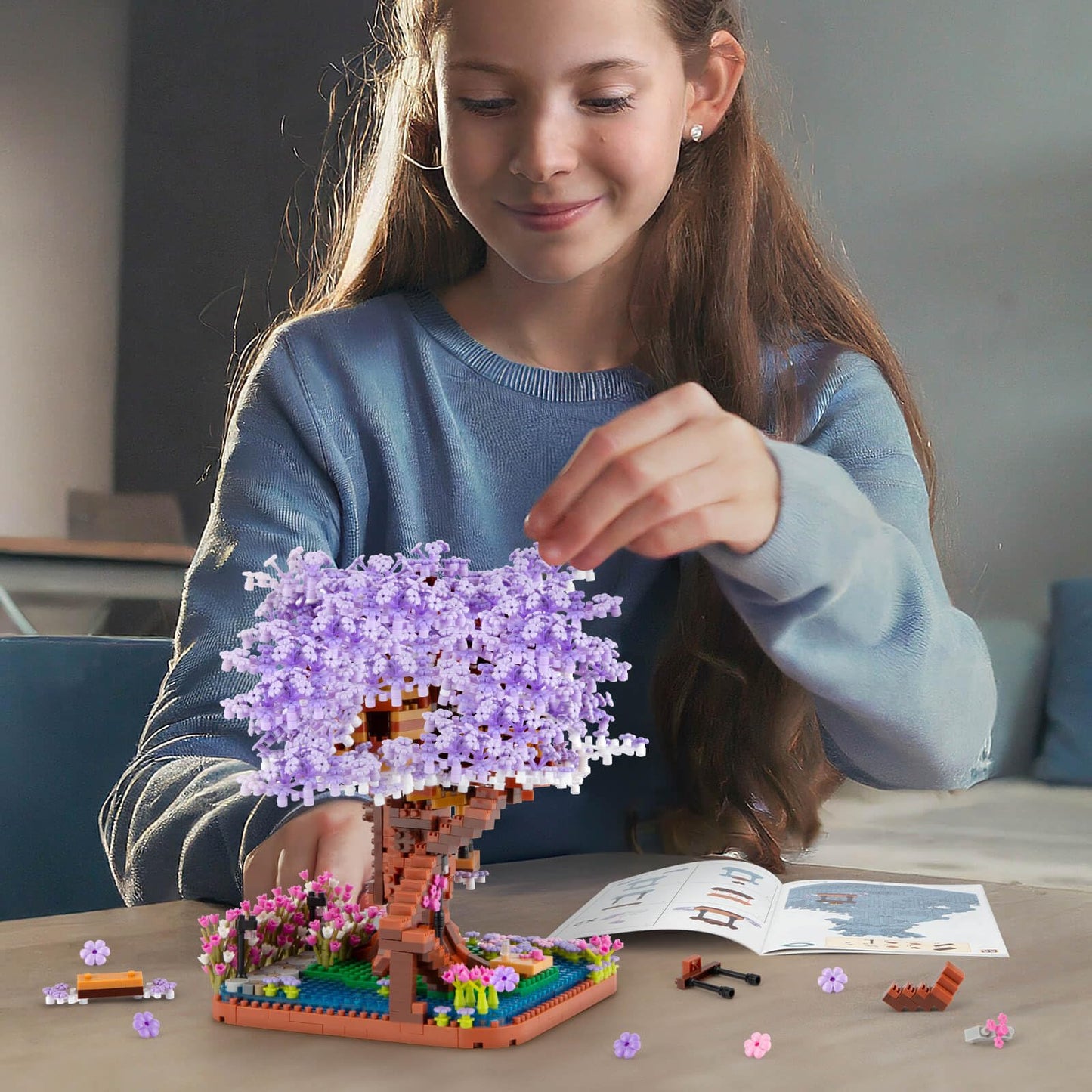 HIGH GODO Cherry Blossom Bonsai Tree Micro Building Set, Japanese Sakura Tree House Model Sets, Flowers House Mini Bricks Building Kit, Creative Toys