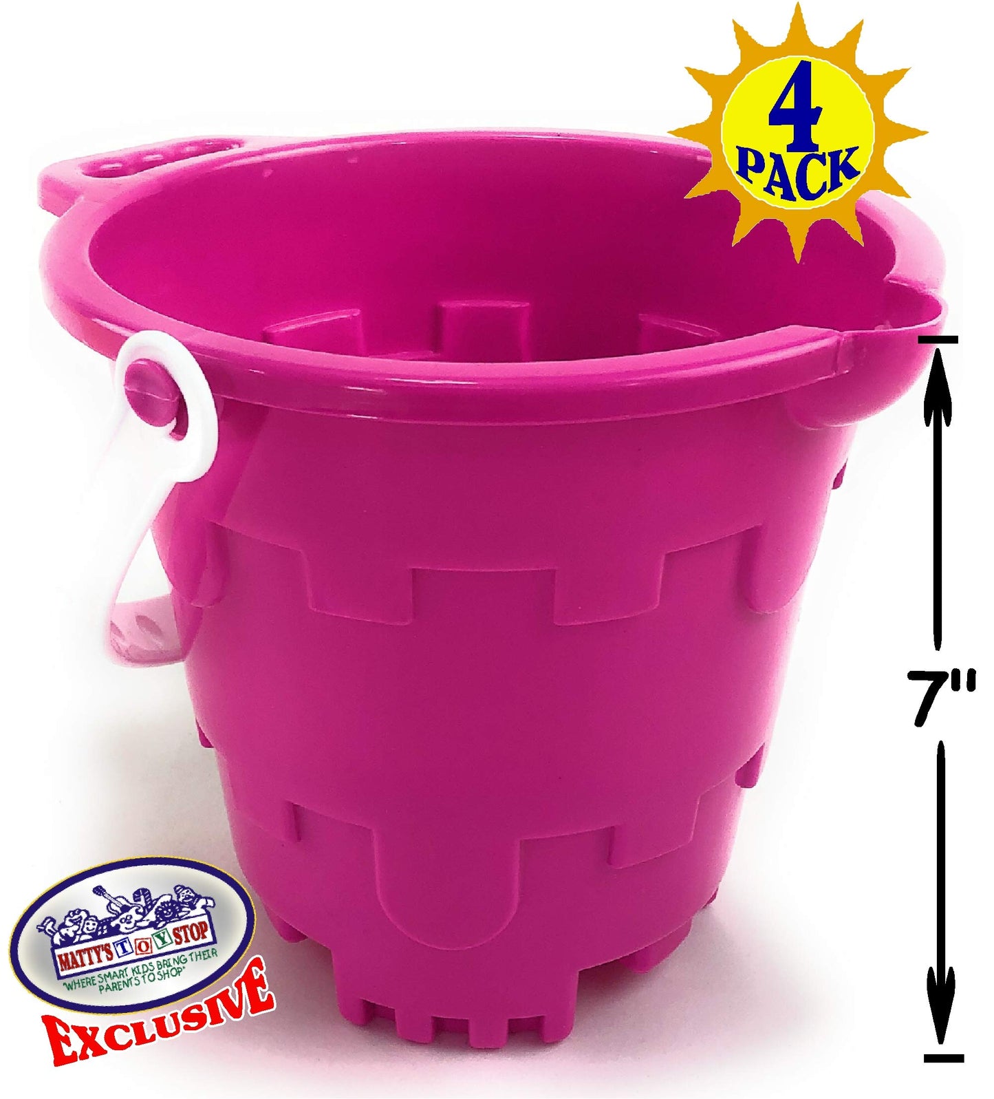 Matty's Toy Stop Beach Gear 7" Plastic Castle Mold Sand Buckets (Pails) with Easy Pour Spout and Handle Blue, Pink, Green & Yellow Party Set Bundle
