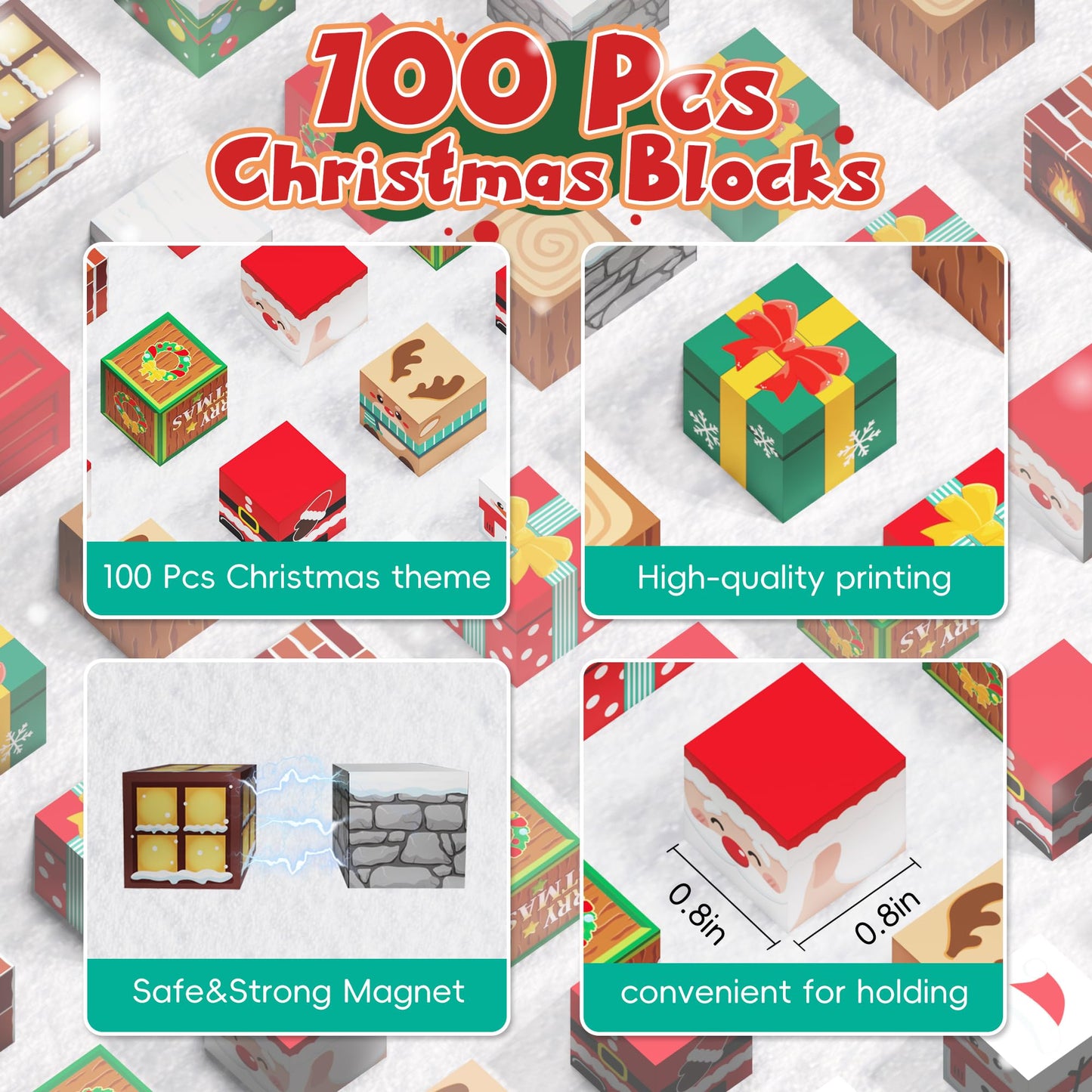 Timetome Magnetic Blocks, 100PCS Magnetic Building Block Cubes, STEM Montessori Sensory Toys for Kids Boys Girls Ages 3 4 5 6 7 8 9 10 (Christmas