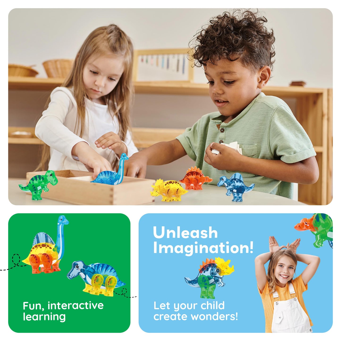 PicassoTiles Dinosaur Magnetic Tiles Accessory Set Mix and Match Dino Figure Parts for STEM Magnet Tile Construction Building Blocks Sets Creative