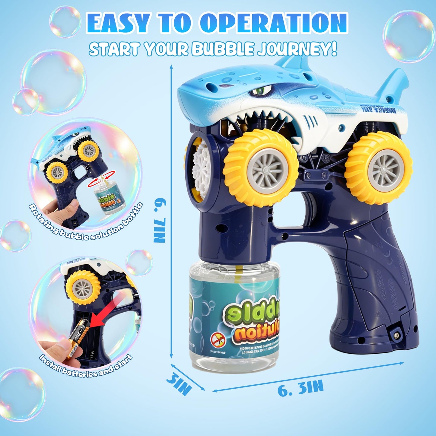 Shark Bubble Machine Gun,Bubble Blaster, LED Lights &2 Bubble Solution,Blue