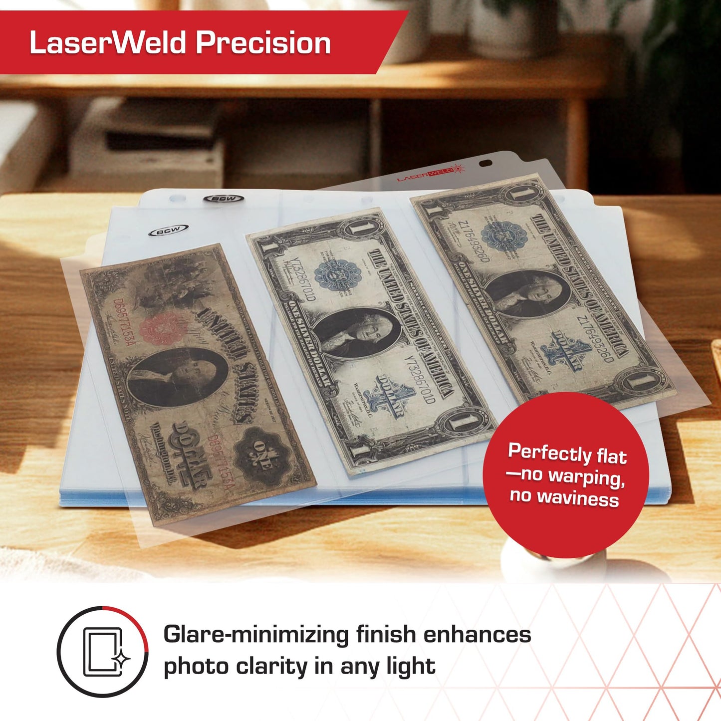 BCW LaserWeld 3-Pocket Currency Page - 50 Pack | Archival Polypropylene | Top-Loading, Acid-Free, Clear Binder Sleeves | Ideal for Dollar Bill