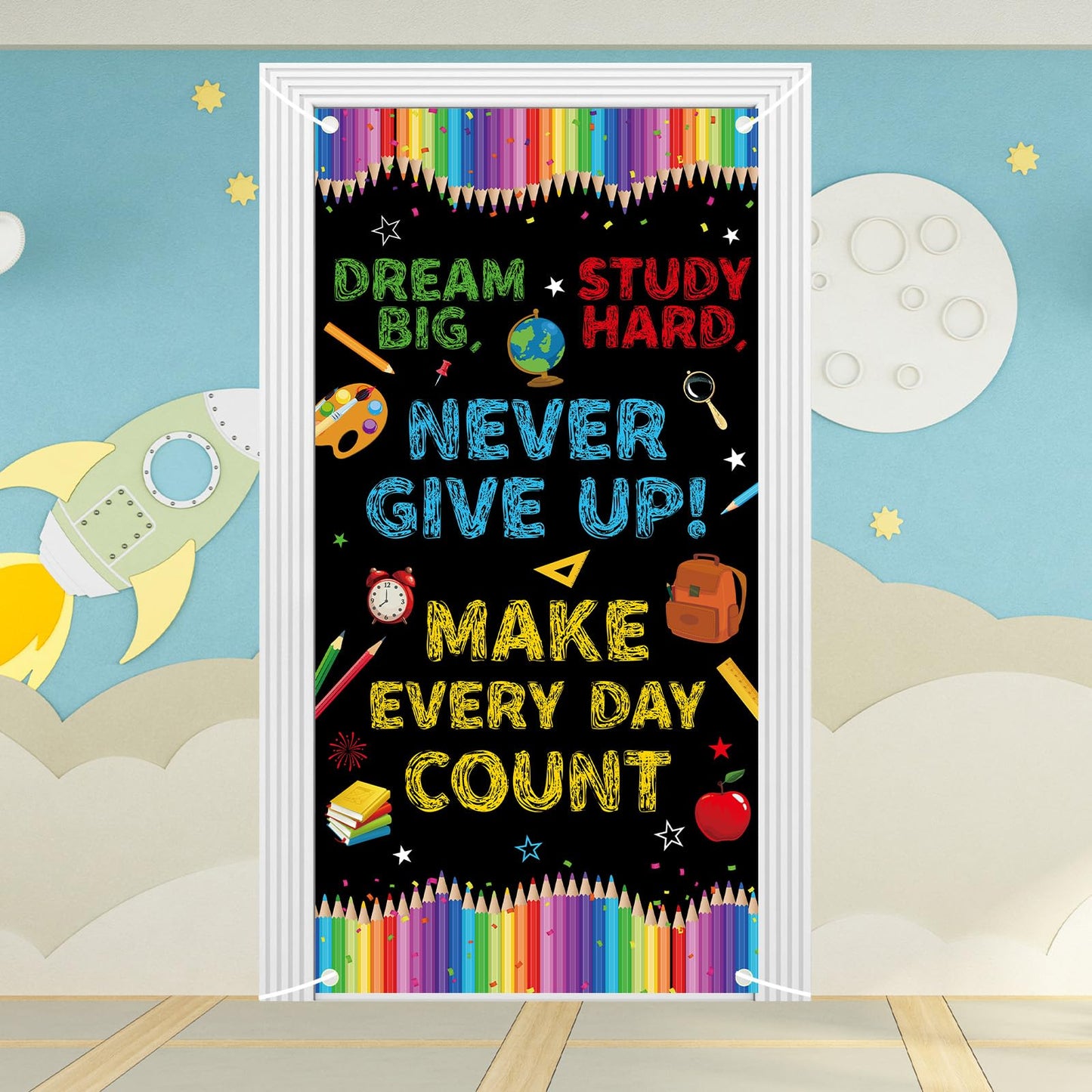 71 x 35 Inches Welcome First Day of School Motivational Door Cover Banner for Doorway Wall, Large Dream Big Never Give Up Make Every Day Count Poster
