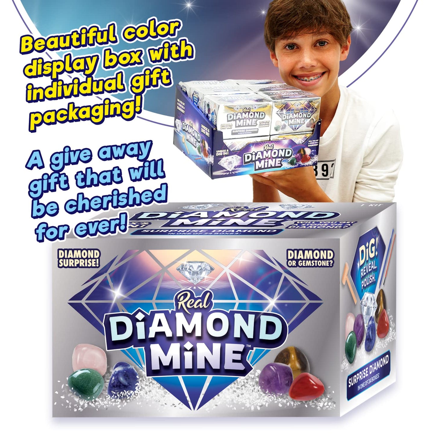 JA-RU Real Diamond Mine Gemstone Dig Kit (2 Packs) Mystery Rock, Minerals, and Gems for Kids | Break Your Own Geodes and a Chance to Get 1 Real