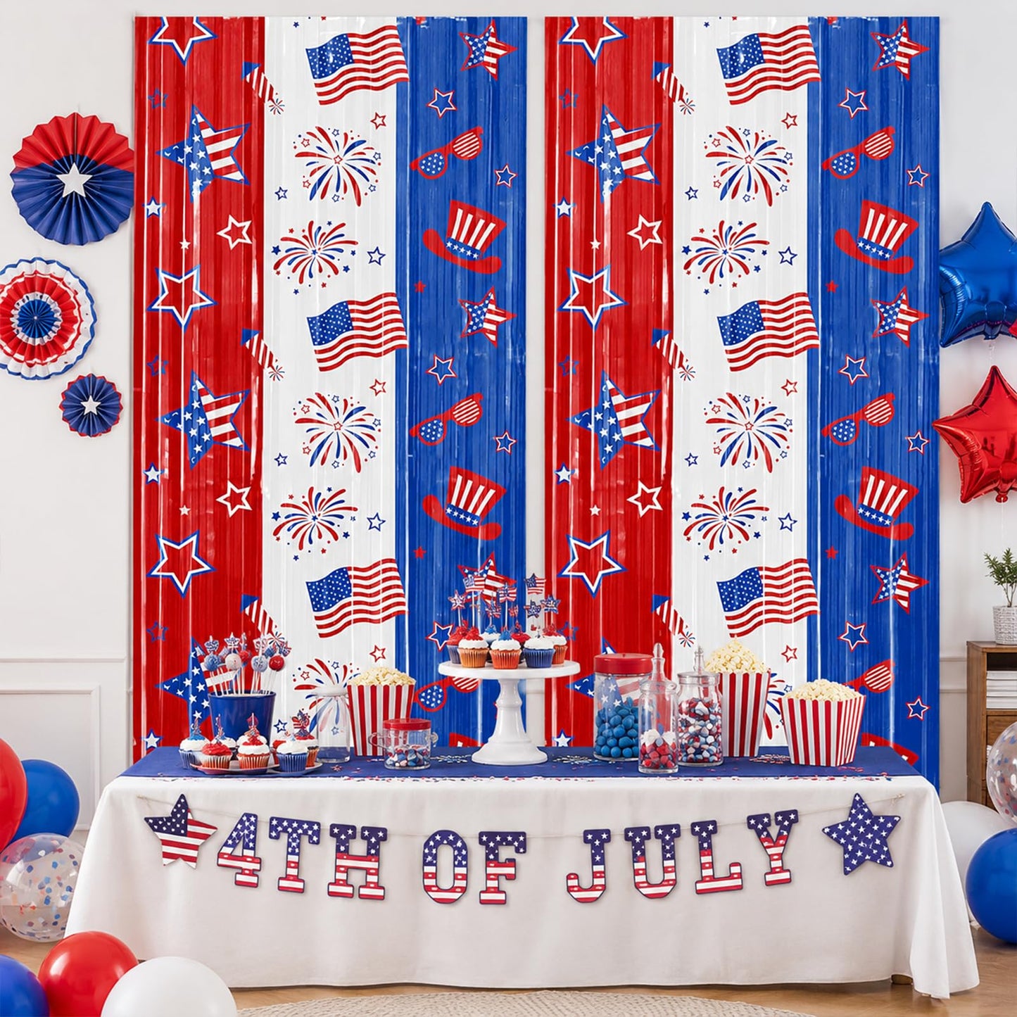 2 Pack 4th of July Foil Fringe Curtains, Red White Blue Patriotic Backdrop Streamers 3.3 x 6.6 ft, American Flag Hanging Decorations for Independence
