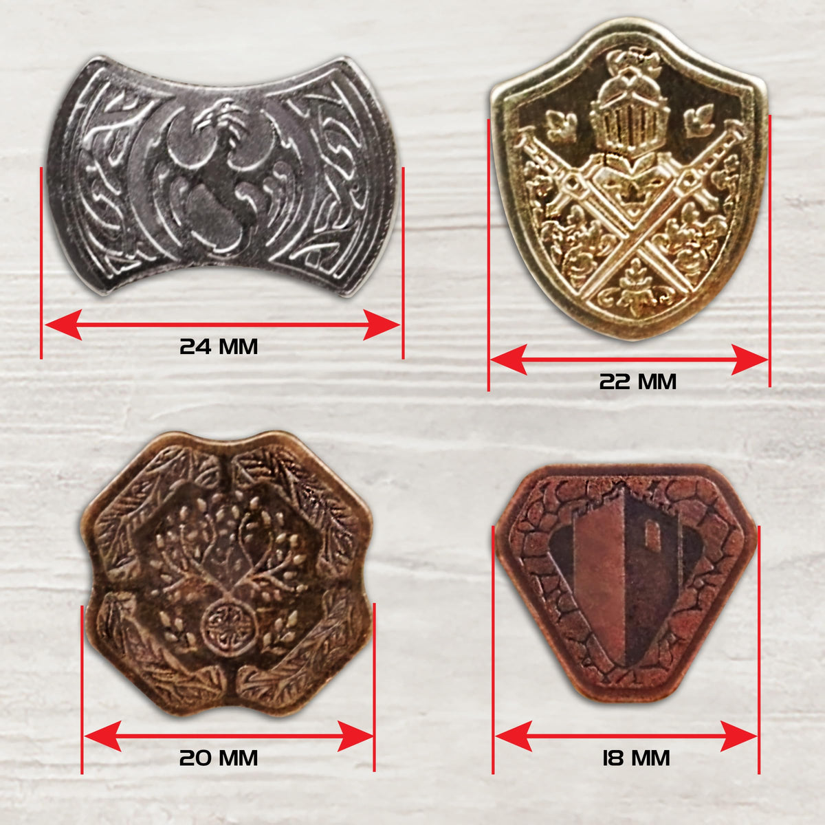 ENHANCE Tabletop Treasure Token Set - 40 Metal MTG Tokens (x10 Each Design) with Acrylic Assorted Gems (40+) and Drawstring Pouch, Counters for RPG