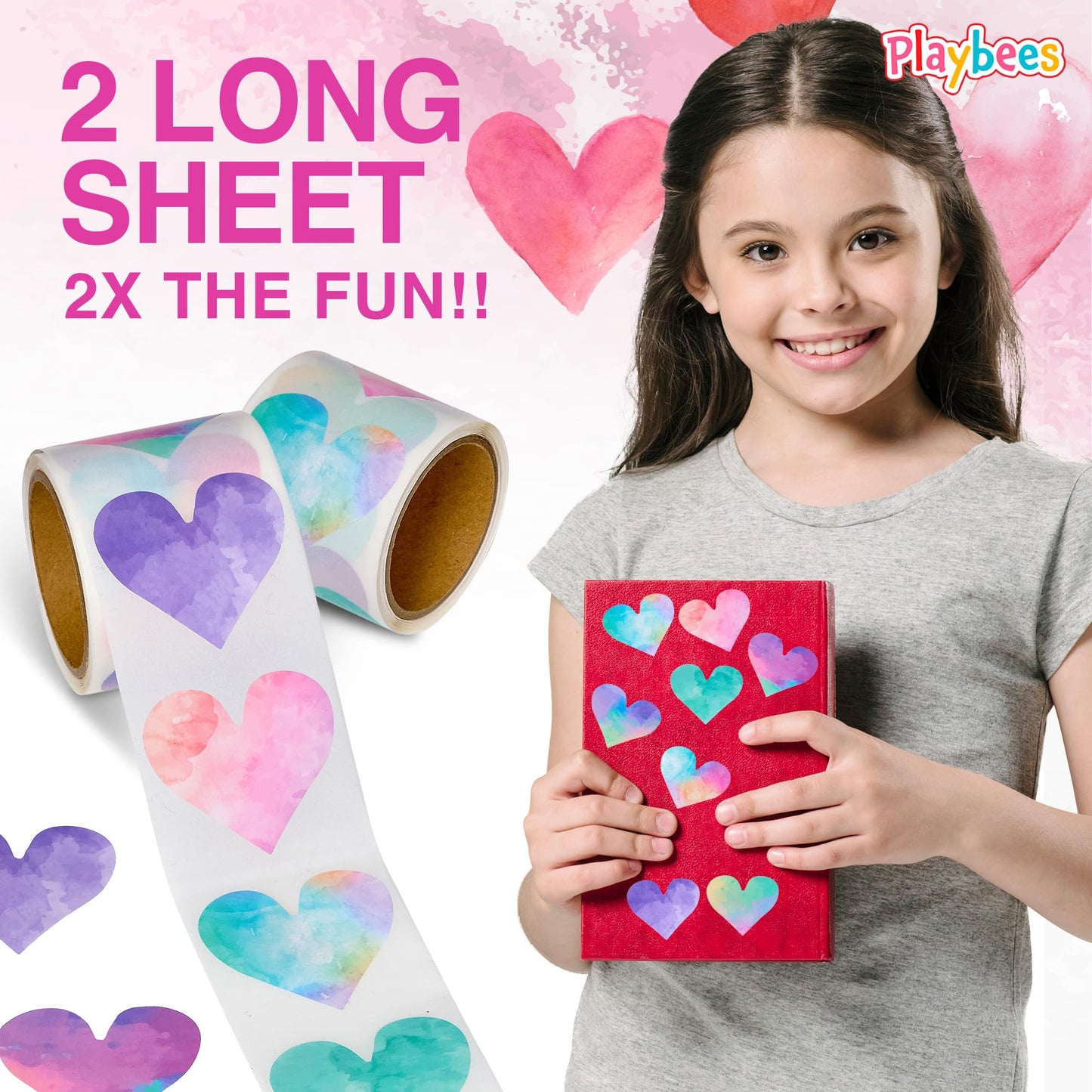Playbees Watercolor Heart Stickers for Kids - 200 Pack of Rainbow Heart Themed Designs - Valentine’s Day Kids Educational Arts and Crafts