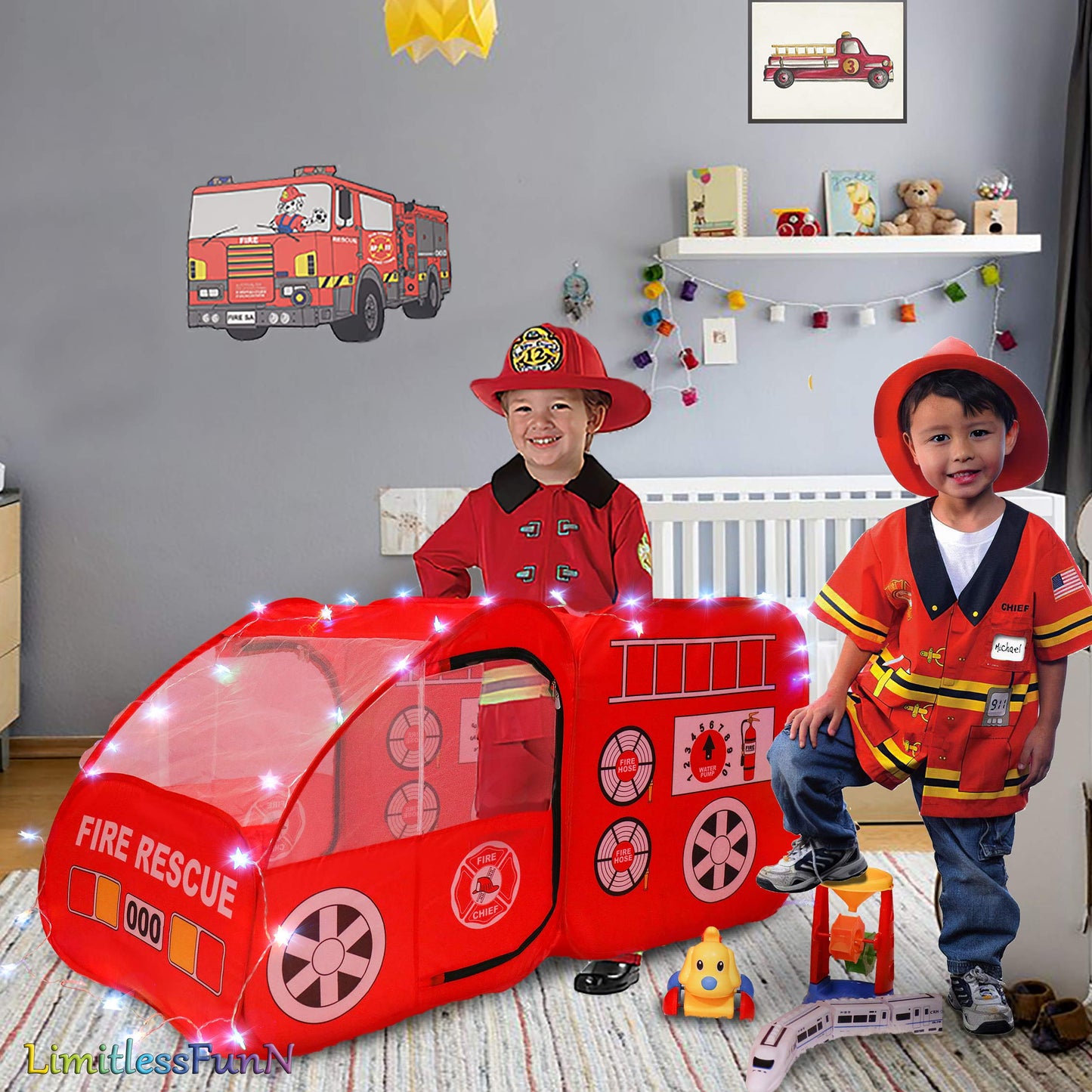 Fire Truck Pop Up Kids Tent & Lights, Children's Firetruck Play House
