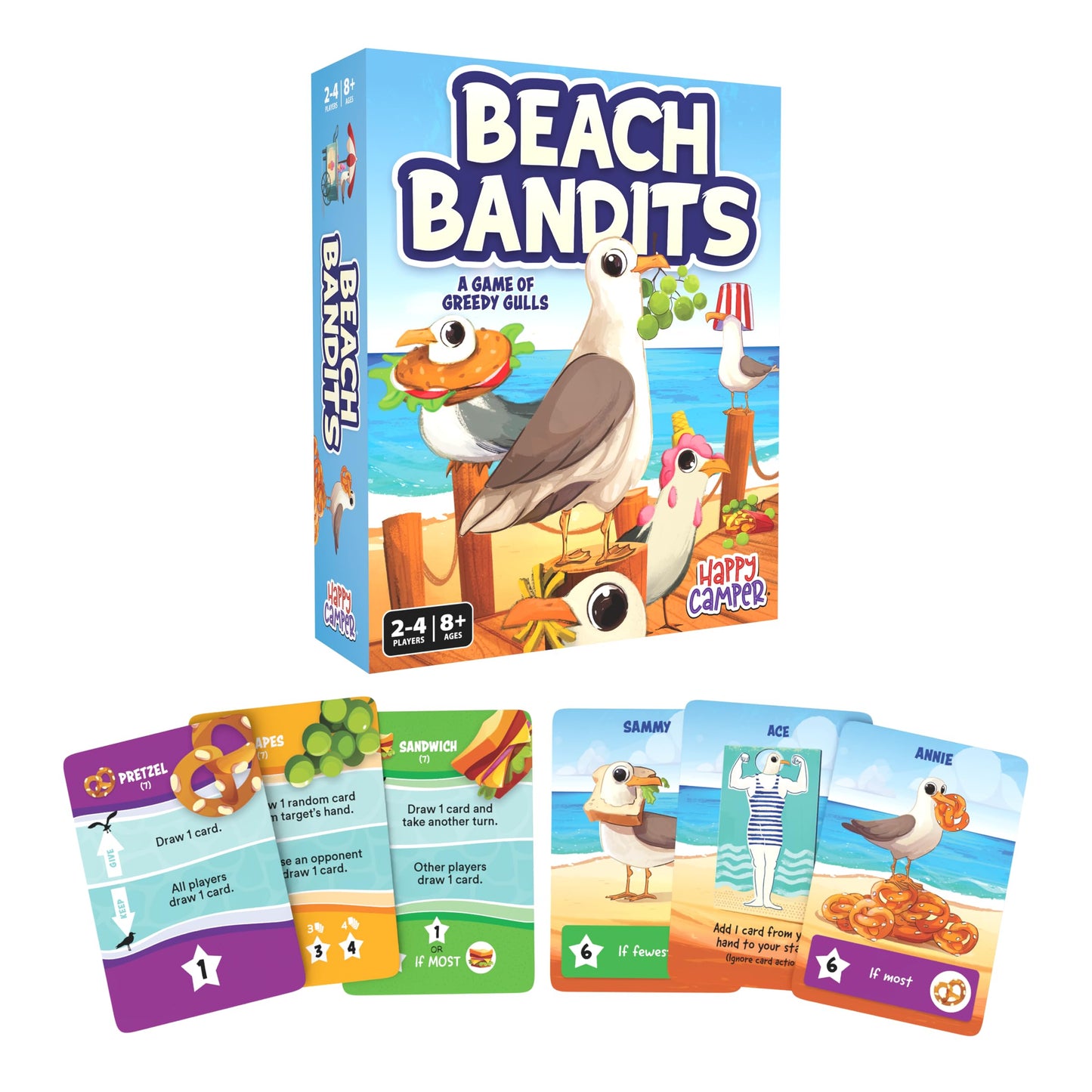 Happy Camper - Beach Bandits - A Game of Greedy Gulls | Hilarious Seagull Card Game for Summer Travel and Family Game Night | 2-4 Players Ages 8+