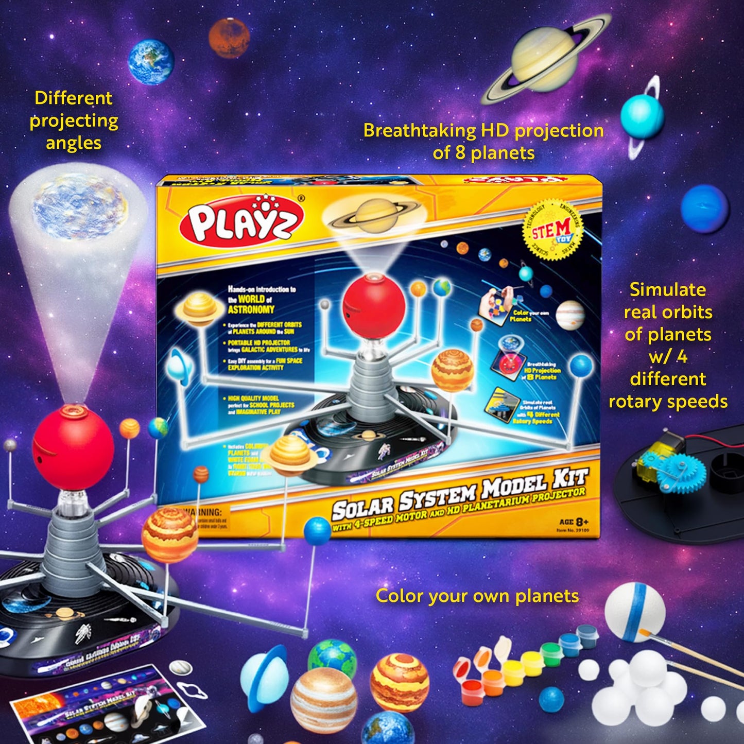 Playz Premium Solar System Model Kit for Kids - 4 Speed Motor, HD Planetarium Projector, 8 Painted Planets & 8 White Foam Balls with Paint and Brush