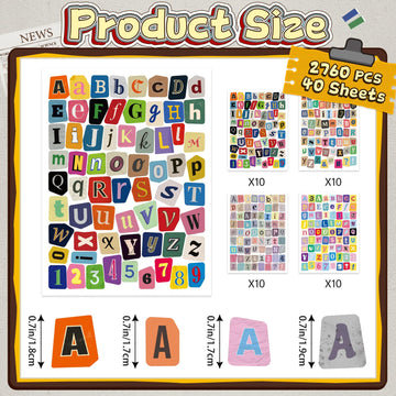 2760 PCS Letter Stickers for Scrapbooking, 40 Sheets Magazine Alphabet Stickers, Self-Adhesive Vinyl Small Ransom Stickers for Journaling Junk Journal