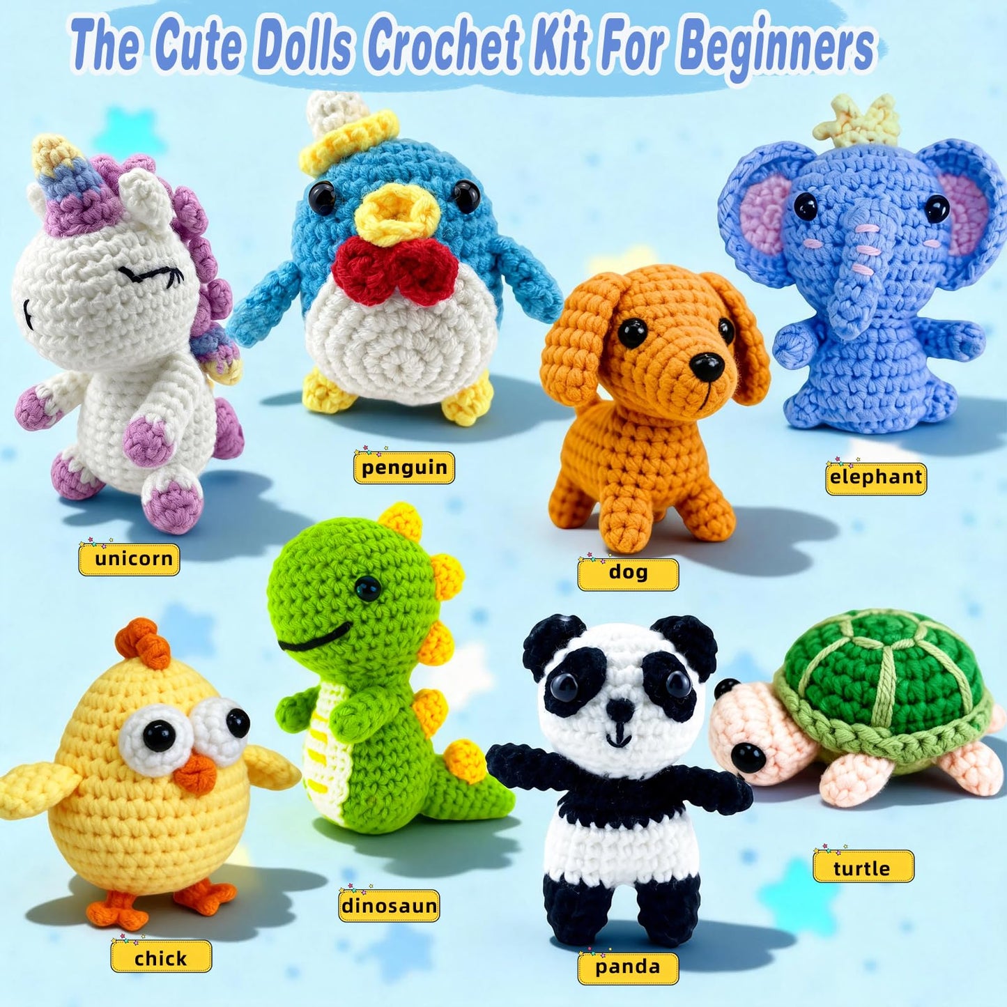 Cosminy 8Pcs Crochet Kit for Beginners, DIY Craft for Adults and Kids, Great Gift for Crochet Lovers, Crocheting Animal Kits with Step by Step