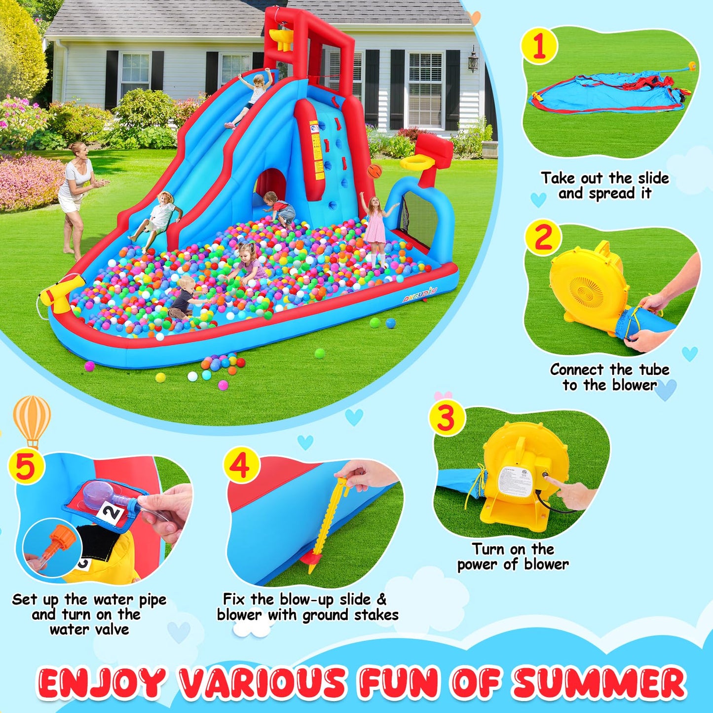 AKEYDIY Bounce House Water Slide for Kids 3-12 - Outdoor/Indoor Inflatable Water Slide with Slides Backyard, Dump Bucket, Climbing Wall, Splash Pool