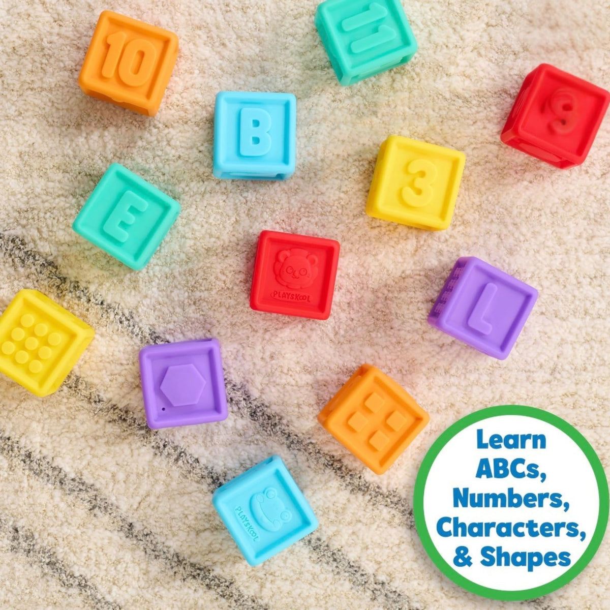 Playskool ABC Soft Stacking Blocks, Squishable Silicone, 12 Pack, for Ages 9 Months and Up, Motor Skills and Tactile Play