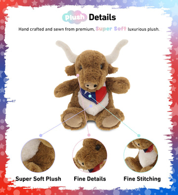 DolliBu Texas Longhorn Stuffed Animal - Cute Playtime Farm Animal Plush Toy with Texas Flag Bandana, Soft and Huggable Texas Longhorn Cowboy Toy
