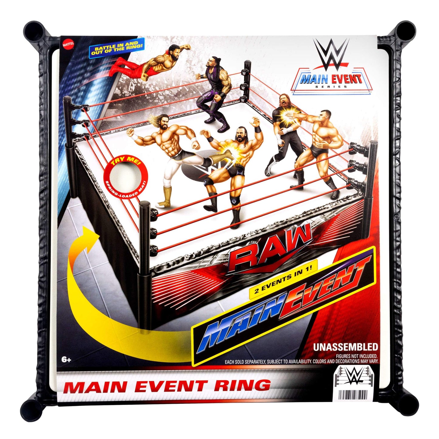 Mattel WWE Superstar Ring with Labels for Main Event & RAW, Spring-Loaded Mat & Pro Tension Elastic Ropes