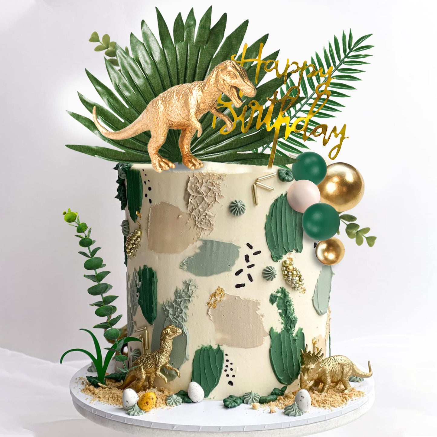 21 PCS Gold Dinosaur Cake Toppers Dinosaur Figures Green Ball Cake Decorations for Dinosaur Theme Birthday Supplies (Gold)