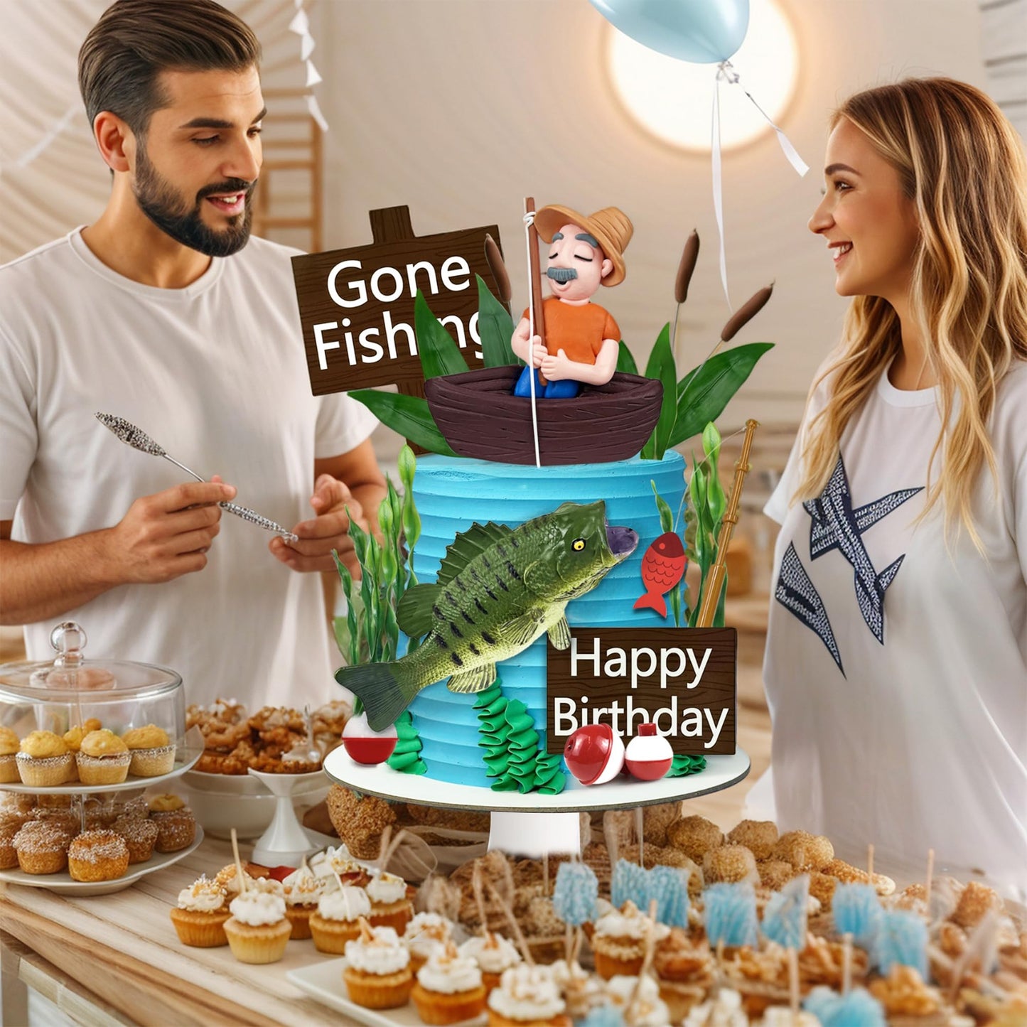 21 PCS Gone Fishing Cake Toppers Fisherman Fish Cake Decoration for Gone Fishing Themed Party Supplies Decor