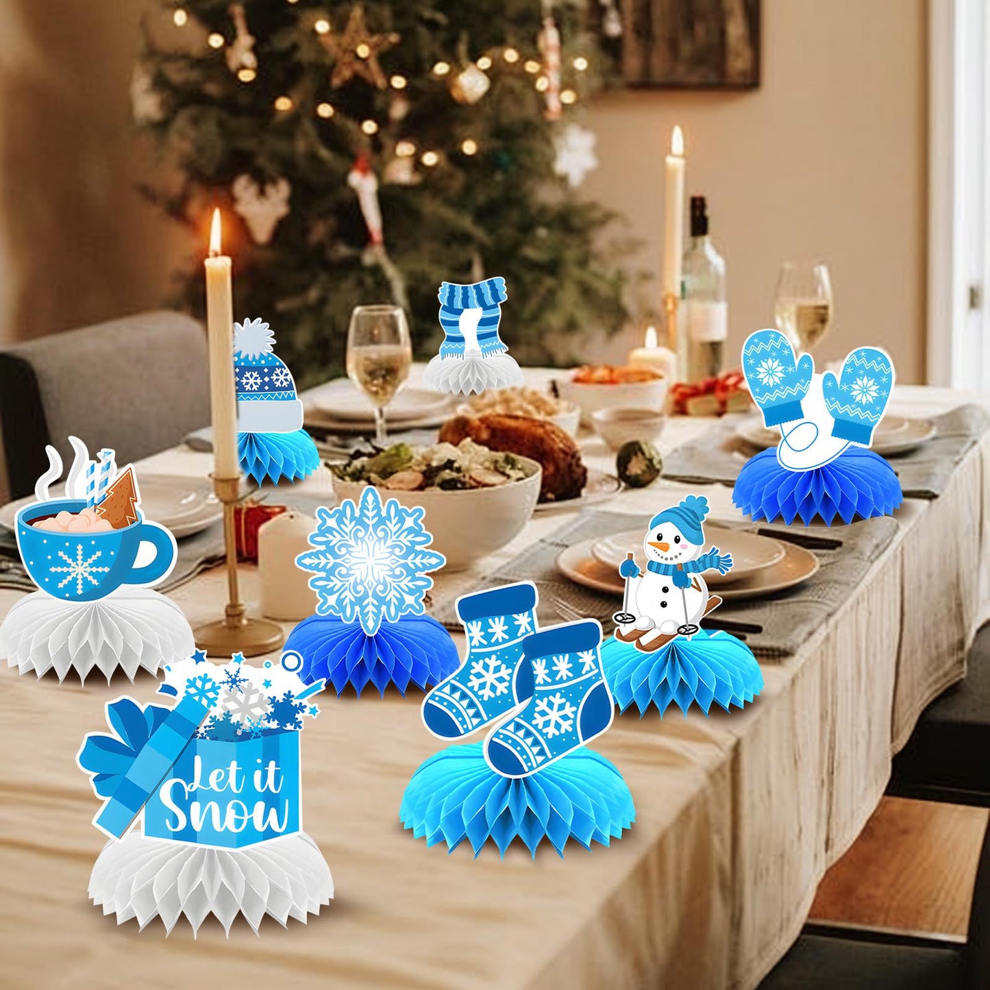 9 Pieces Winter Honeycomb Centerpieces - Let It Snow Table Decorations with Snowman, Snowflake, Hat, Scarf, Mittens, Hot Cocoa, Socks, and Gift Box