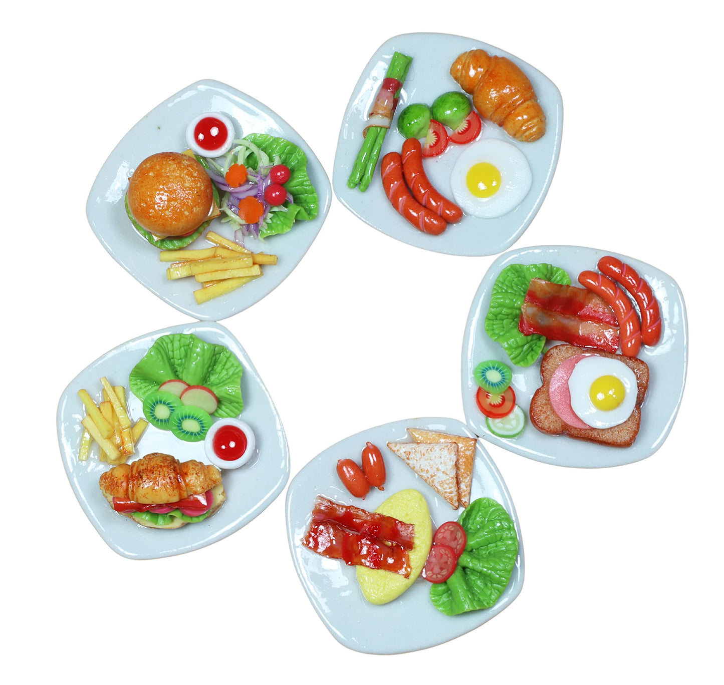Handmade Miniature Breakfast Food Set, 5 Assorted Plates, Air Dry Clay Dollhouse Mini Food Accessories, 1:6 Scale, 1.3 Inch Plates, Realistic Kitchen