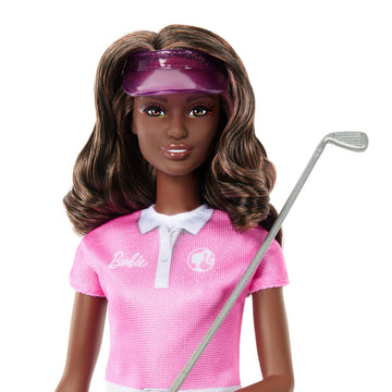 Barbie Golf Player, Brunette, Fashion Doll in Pink Golf Outfit, A Dress That Can Be Off with Sun Visor and Golf Club, JCR69