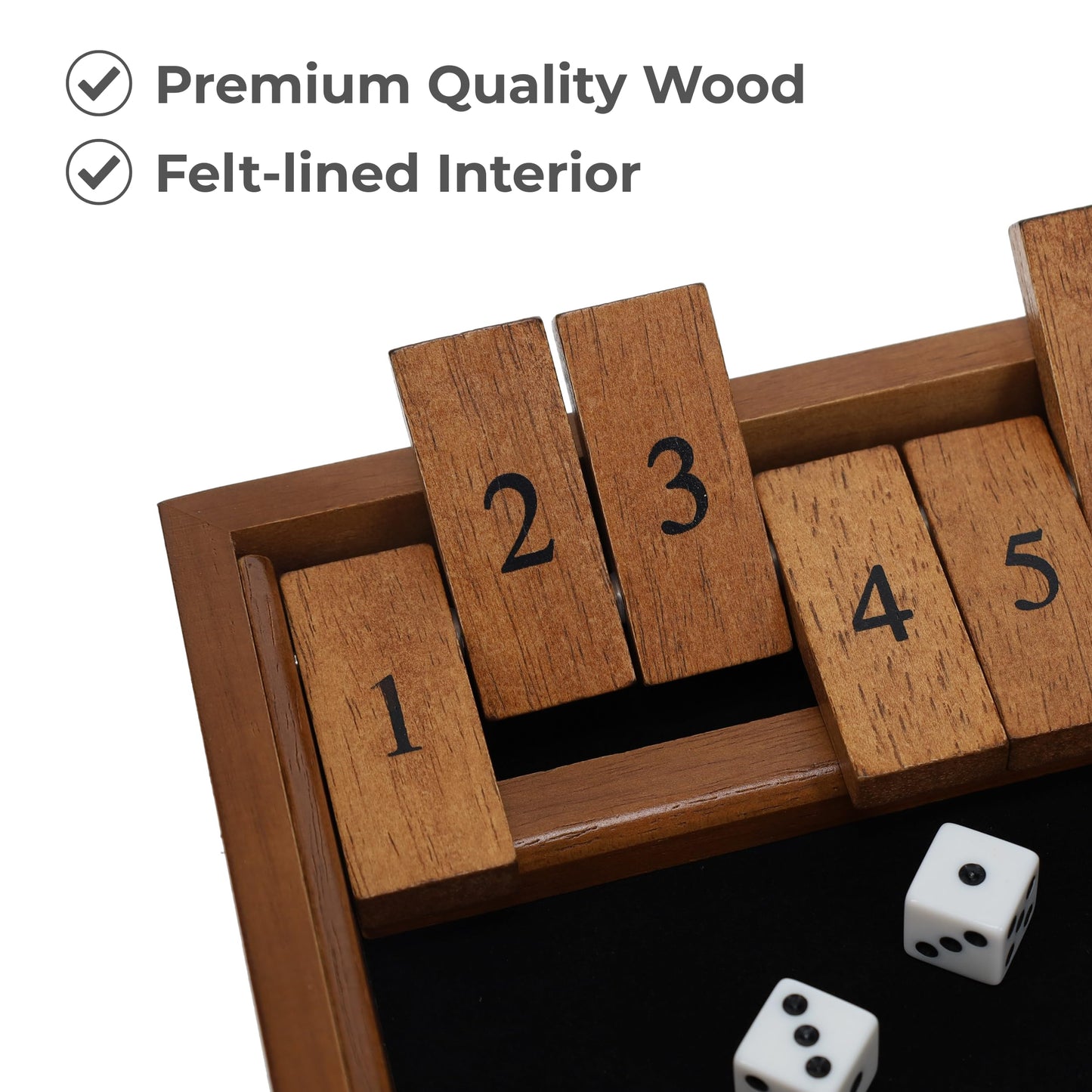 WE Games Wooden Shut the Box - Close the Box Set with 12 Number Tiles & 2 Dice Games - 13.5” Walnut Stained Finish