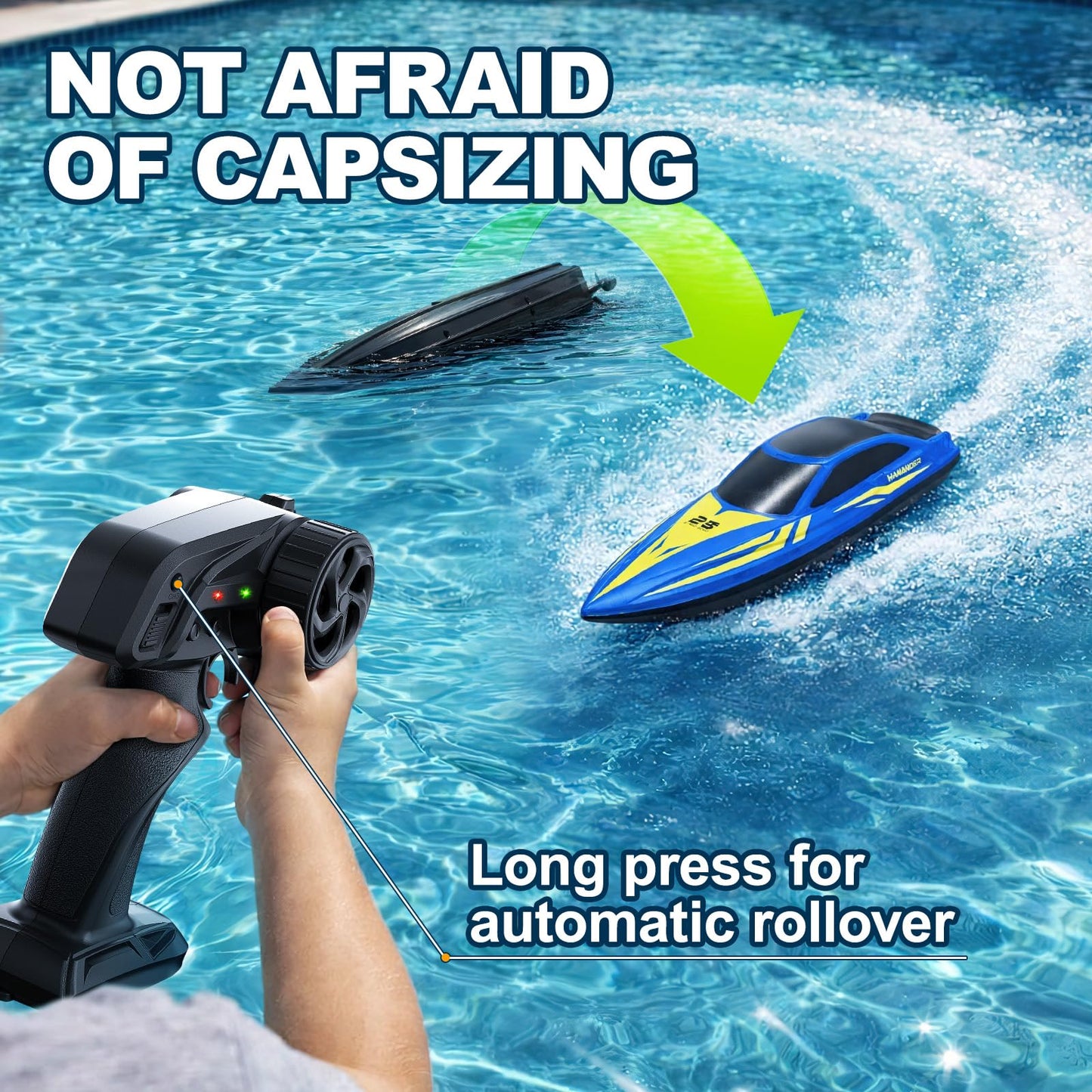 RC Boat with 7-Mode Colorful LED Lights,10 Inch Remote Control Boat,15KM/H High Speed,2.4GHz,3 Speed Modes,2 Rechargeable Batteries,Auto Flip