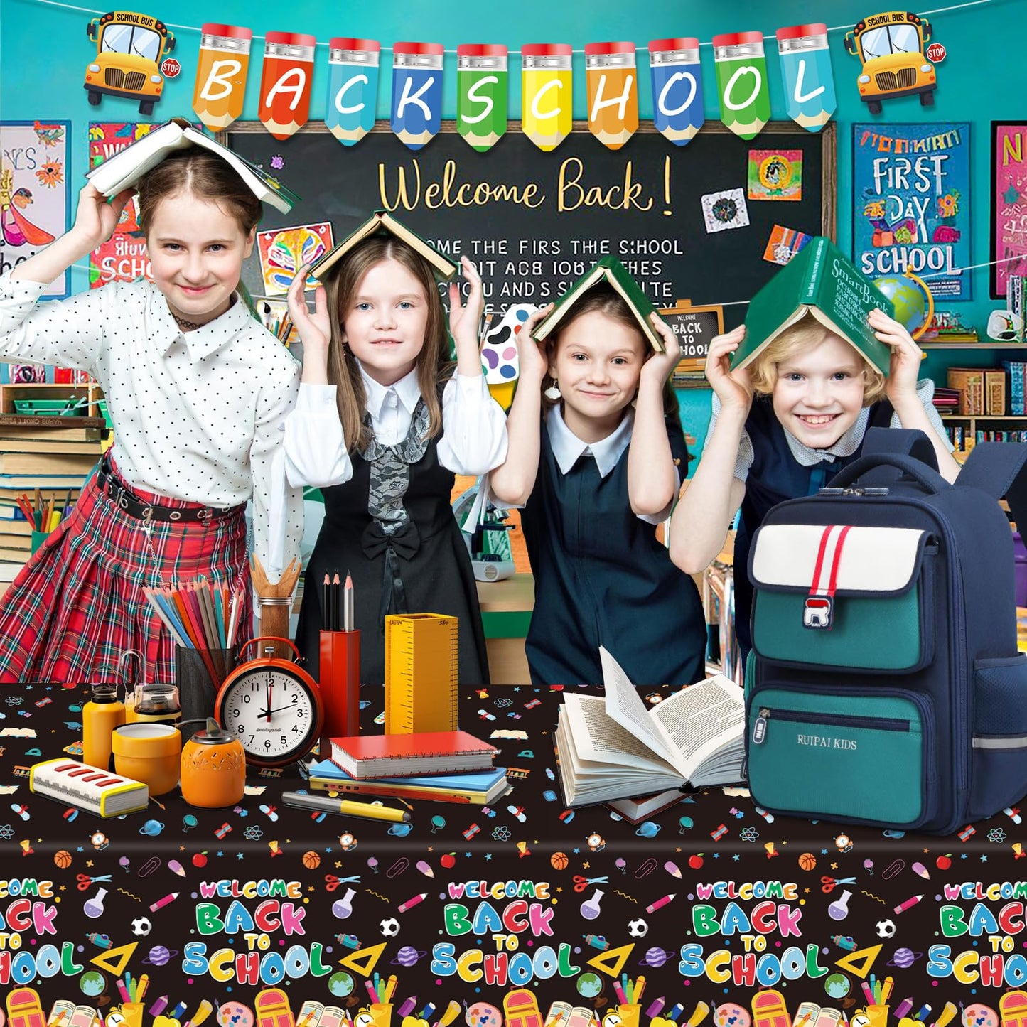 122 PCS Back to School Party Supplies, Disposable Tableware Set Include Back to School Plates and Napkins, Cups, Forks, Banner and Tablecloth