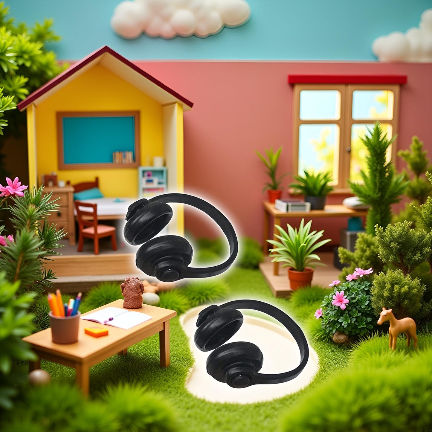 2Pcs Black 1:12 Dollhouse Headphones Miniature Headset Model Toy Micro Landscape Decoration Dollhouse Accessories