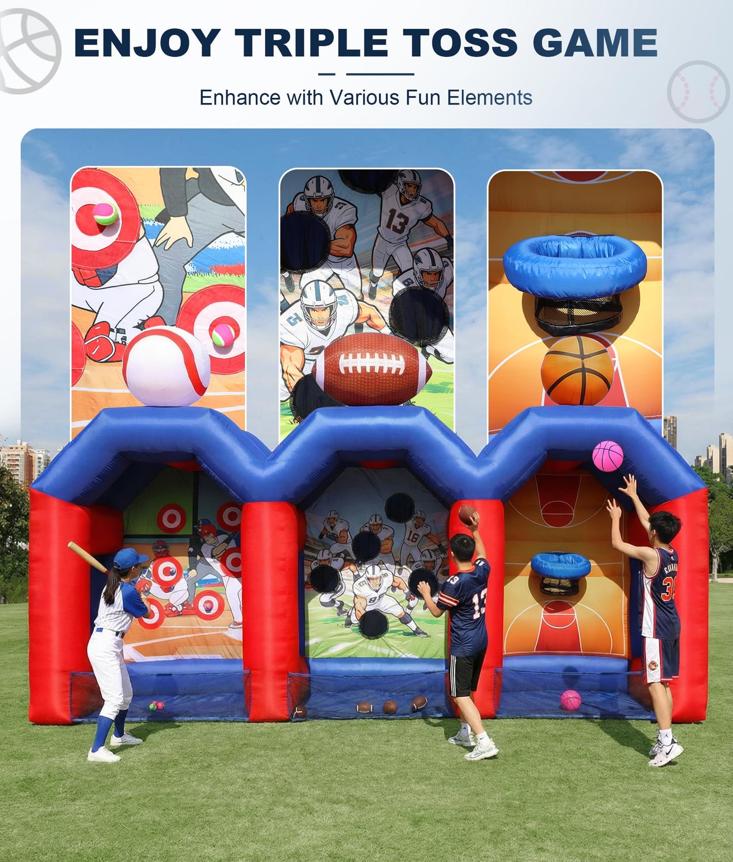 Inflatable Carnival Games, Extra Large 3-in-1 Sports Arena with Basketball, Football & Baseball Toss, Includes 750W Blower for Family Gatherings, Lawn