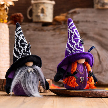 Halloween Gnome 2Pcs Handmade Plush Witch Vampire Dolls with Black Witch Cloak Hat Pumpkin Spider Tomte Elf Ornaments Decoration Set Gifts