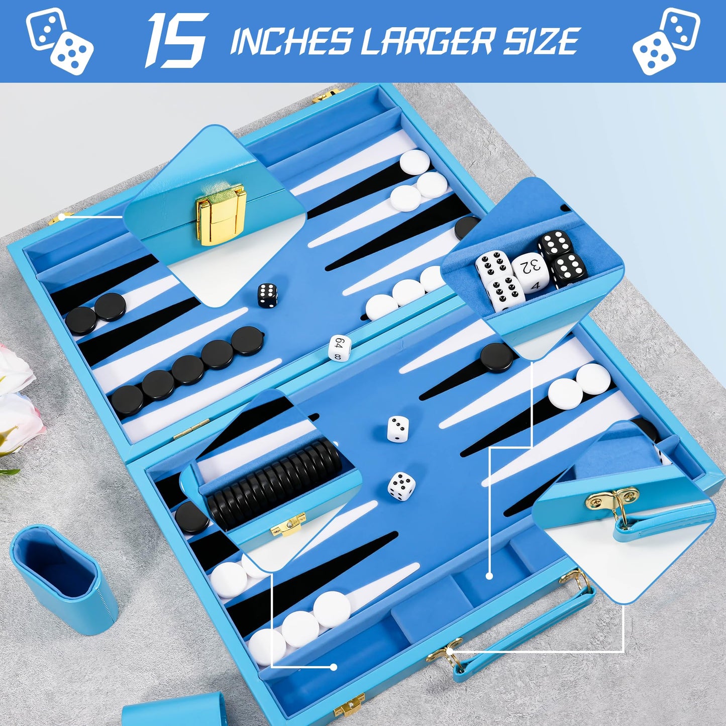 Froggod Light Blue 15 Inch Backgammon Sets for Adults, Classic Board Game