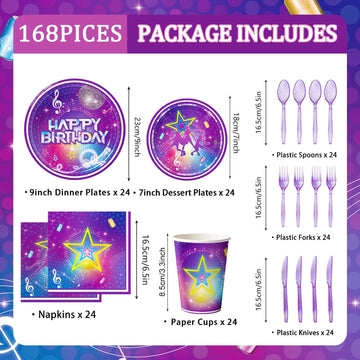 Elzoviran 168pcs Birthday Party Plates Napkins Purple Magical Music Party Supplies Disposable Tableware Set Dance Birthday Decorations for Girls Serve