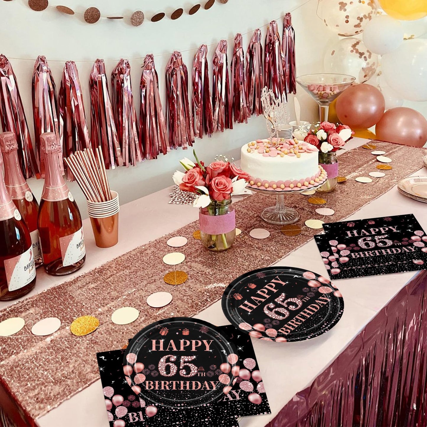 65th Birthday Decorations for Women Men, 40Pcs 65th Birthday Party Paper Plates and Napkins Black Rose Gold Happy Sixty-Five Years Old Birthday Party