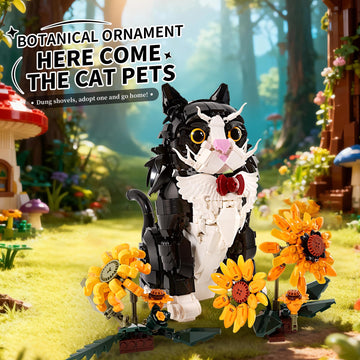 LPPROTECTOR Sunflower Gentle Kitty Building Set for Adults - 1434 Pcs Tuxedo Cat Statue with Rotating Head and Poseable Tail - 3D Tuxedo Kitty Model