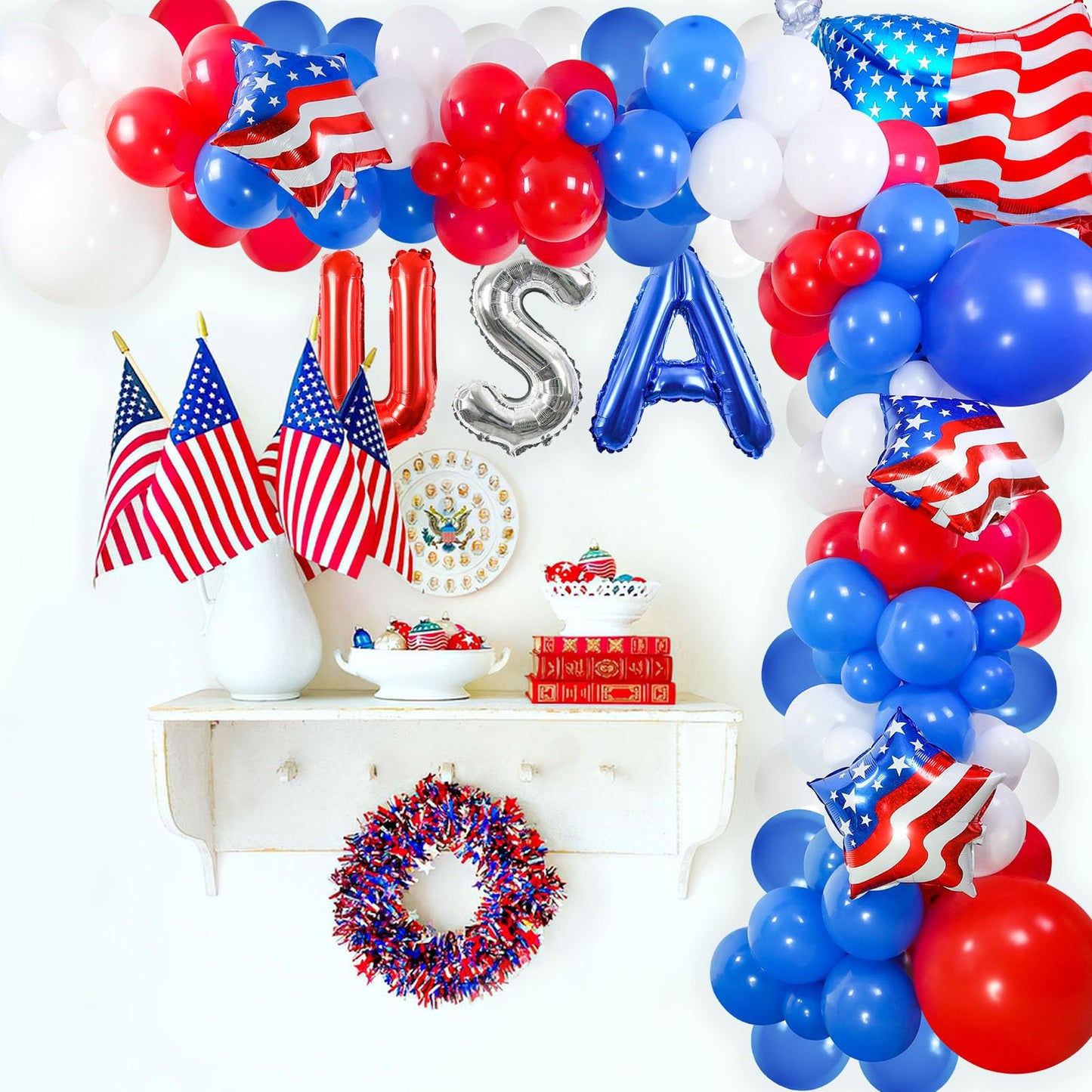 138 PCS 4th of July Balloon Arch Decorations, Red White and Blue Balloon Garland with Patriotic Foil Balloons for 4th of July Decorations Independence