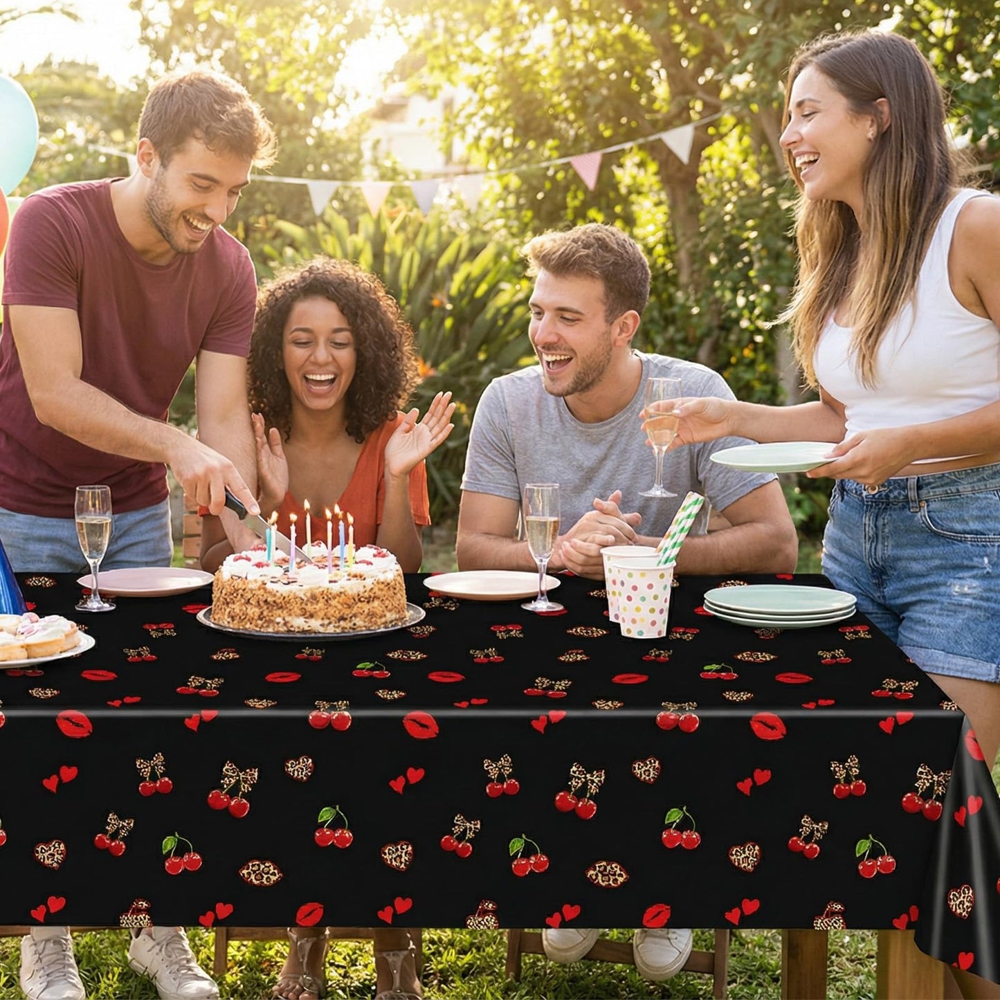 Zaypsot 3Pcs Cheetah and Cherry Birthday Decorations Tablecloths, Red and Black Disposable Plastic Tablecloths 54x108In for Bday Bridal Shower Wedding