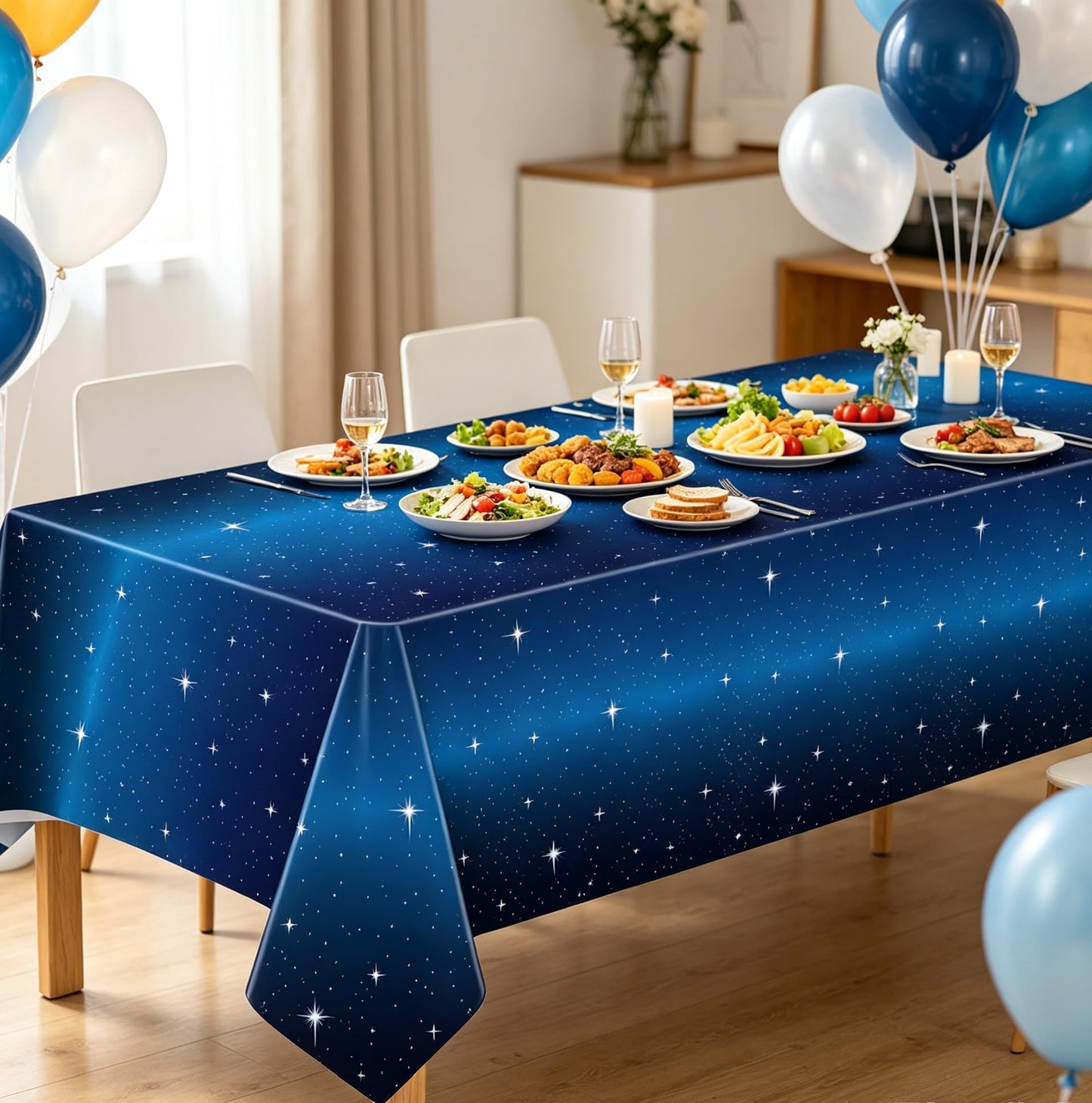 4 Pack Starry Night Tablecloth Set - 86' x 51' Rectangle Plastic Tablecloth Space Theme Table Cover - Galaxy Stars Birthday Party Supplies