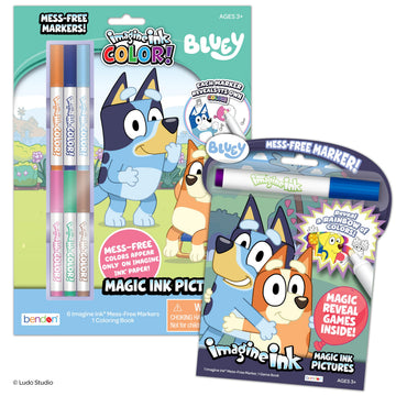 Bendon Official Bluey Imagine Ink Coloring Book Set 2 Pack with Mess-Free Markers, 16 Pages, 6 Magic Ink Markers, Built-in Storage Case, Travel Gift