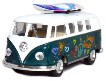 KiNSMART 1962 Volkswagen Classic Bus 1:32 Scale 5" Die Cast Metal Model Toy Van Pullback Acation (4 Set Surfboard Flower Power)