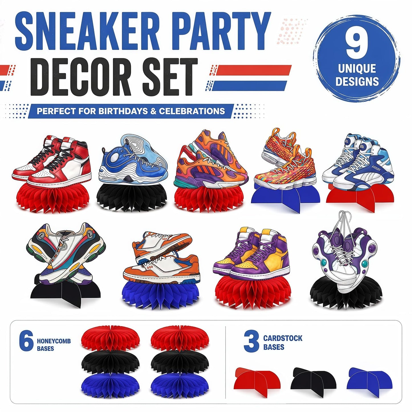9Pcs Sneaker Honeycomb Centerpieces for Table, Sneaker Party Decorations, Sport Shoes Themed Party Favors for Baby Shower Supplies and Birthday